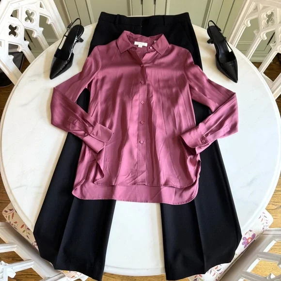Vince Slim Fit Stretch Silk Blouse Teaberry Sz XS